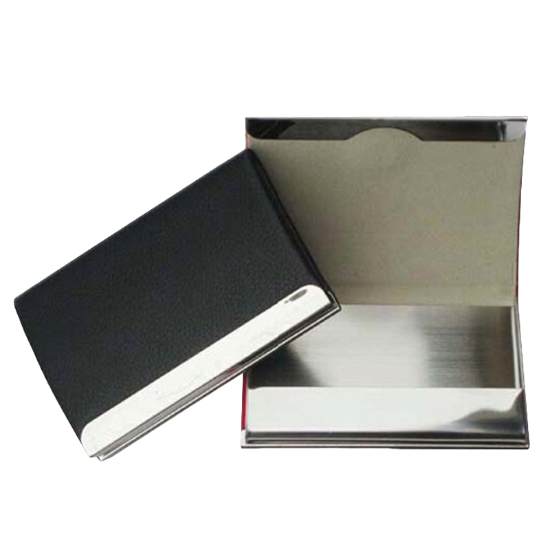 Stainless steel name card holder with black leather cover