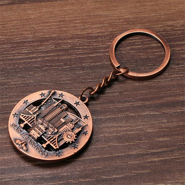 Custom Antique copper 3D building engraved metal keychain