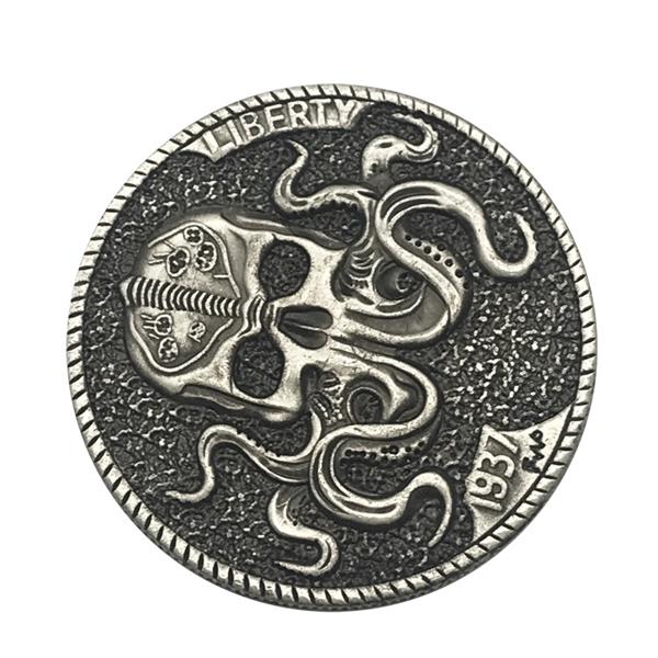 Custom souvenir antique silver metal engraved 3D skull coin 