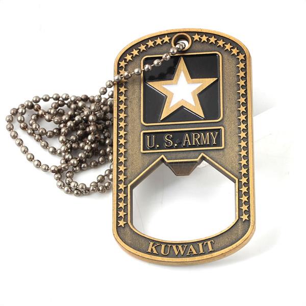Custom antique gold metal ARMY dog tag opener with enamel logo