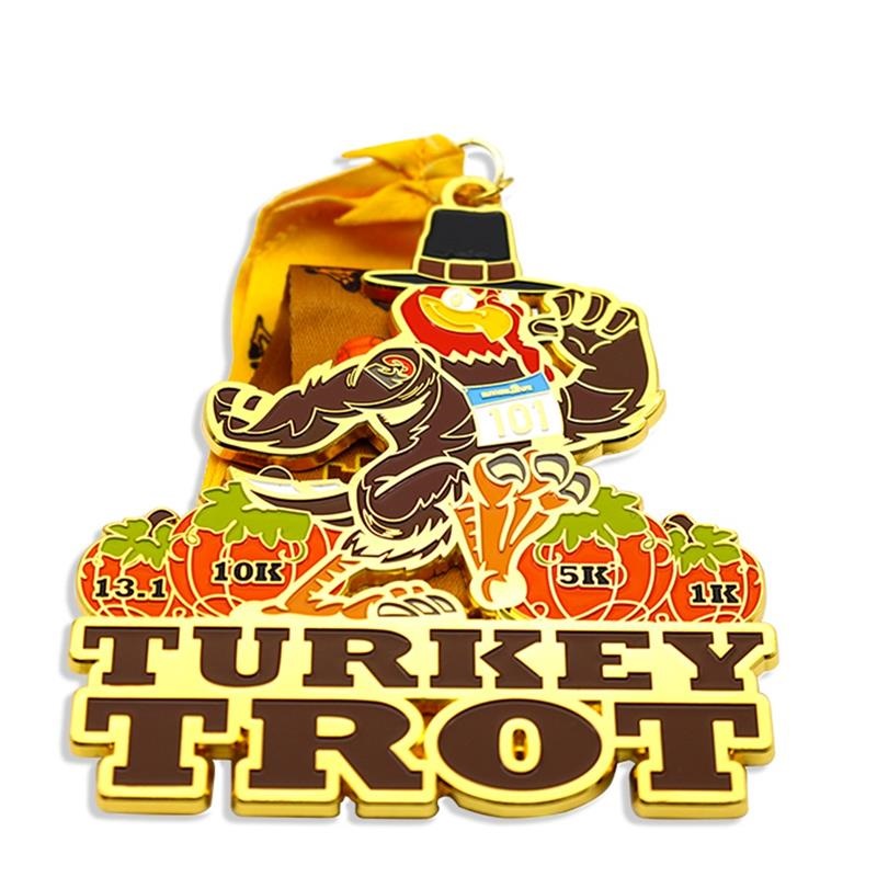 Custom gold metal enamel Turkey Trot walk medal maintenance
