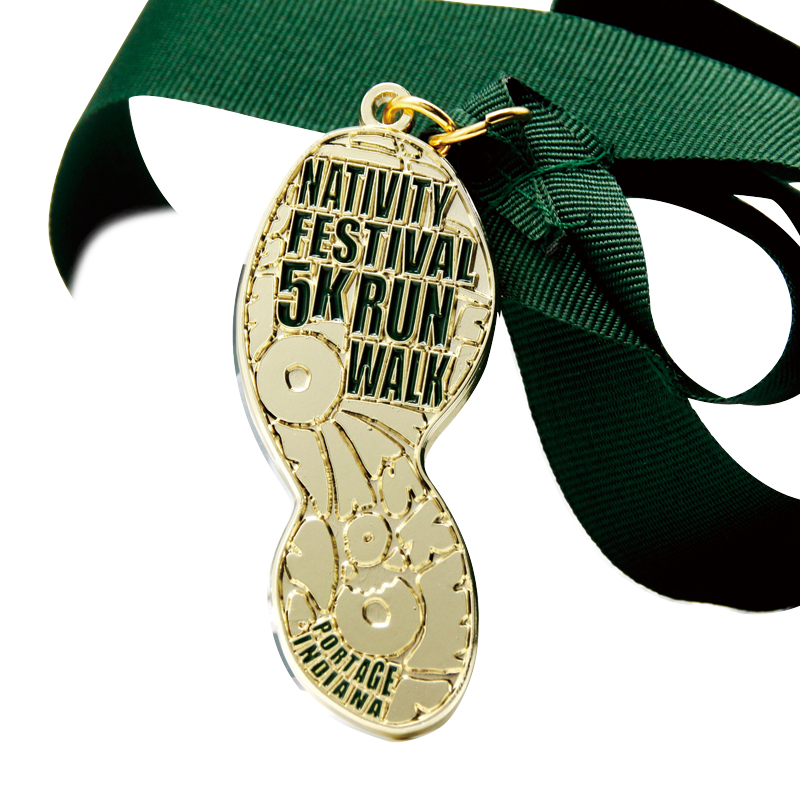 Custom Enamel logo gold metal foot shape 5K walk medals