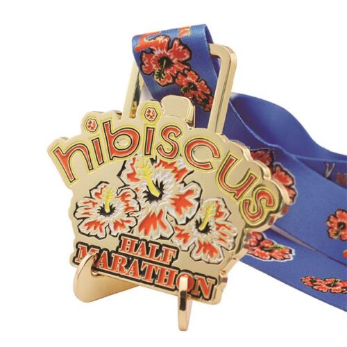 Sport gold metal hibiscus half marathon medal custom