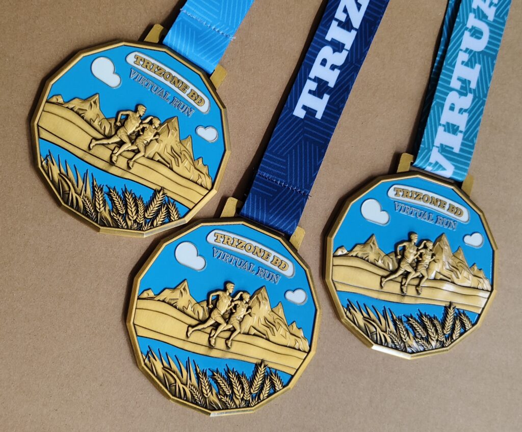 Antique gold running finisher medal with custom ribbon