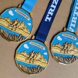 antique gold running finisher medal with custom ribbon