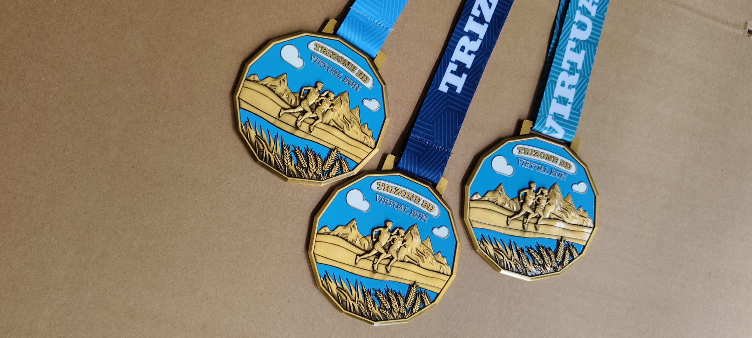 antique gold running finisher medal with custom ribbon